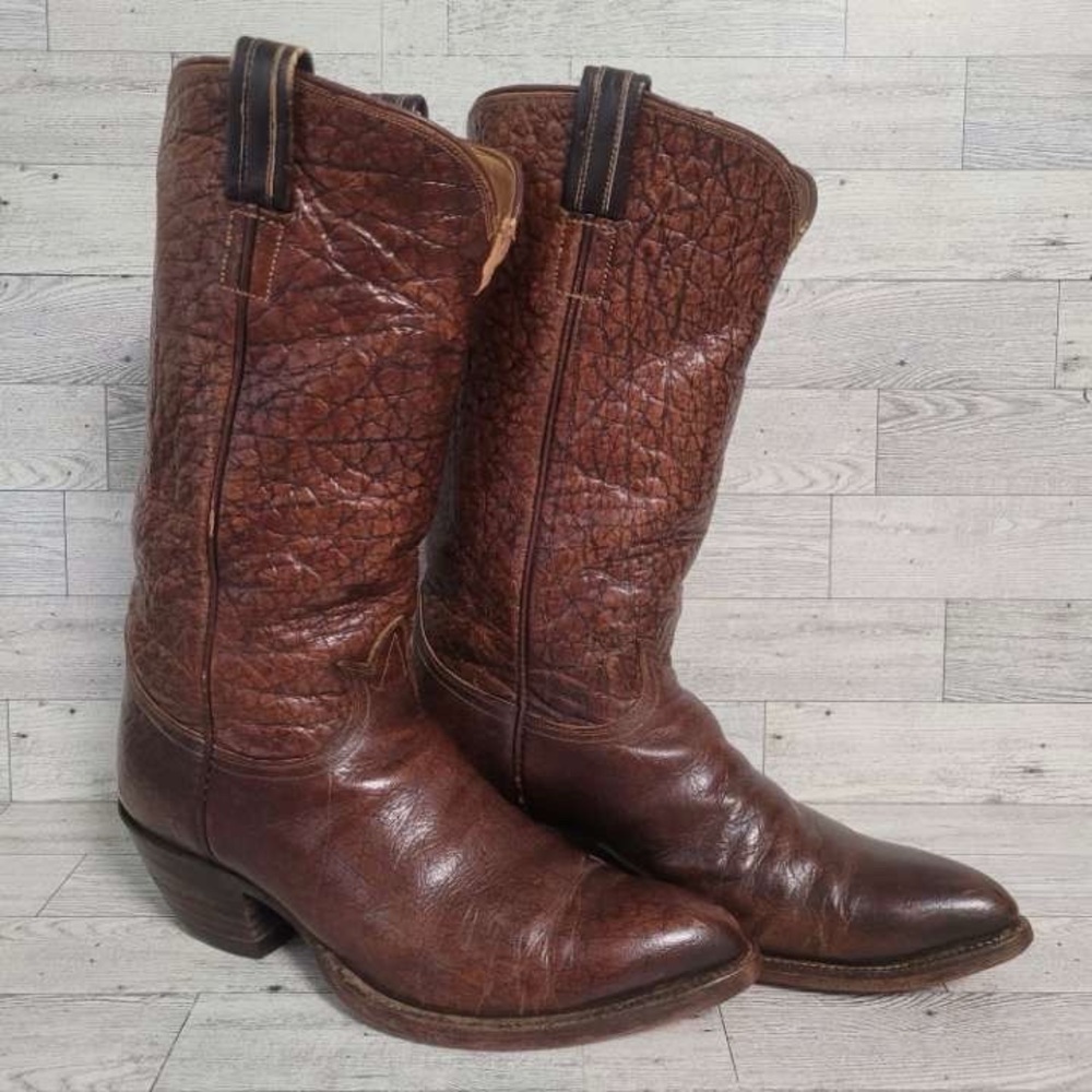 Vintage 1960's Tony Lama Brown Full Caribou Exotic Leather Cowboy Boots Size 8